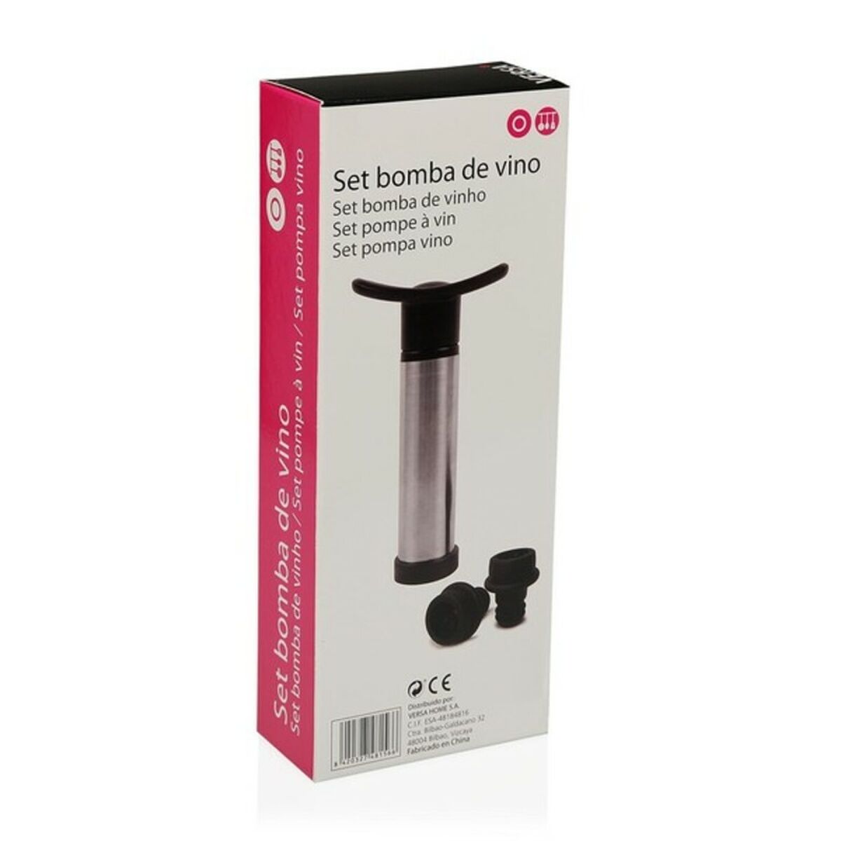 Vacuum Pump and Wine Stoppers Versa Steel Aluminium Silicone ABS (8 x 16 x 8 cm)